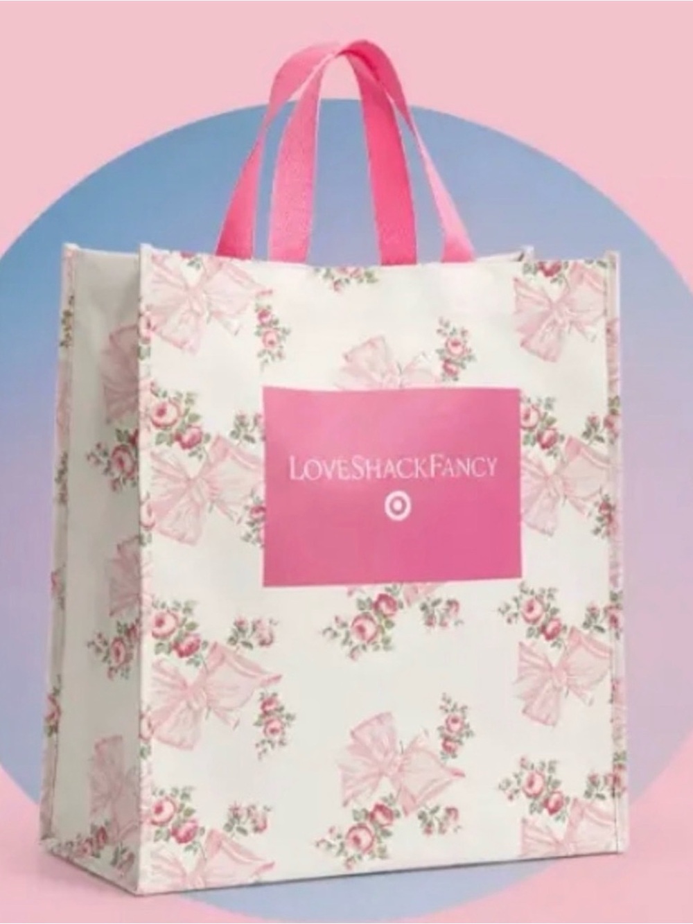 LoveShackFancy White Floral Tote with Pink Handles